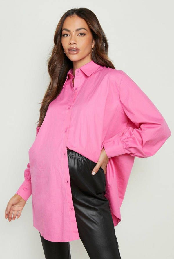 boohoo Zwangerschap Oversized Katoenen Poplin Blouse, Bright Pink