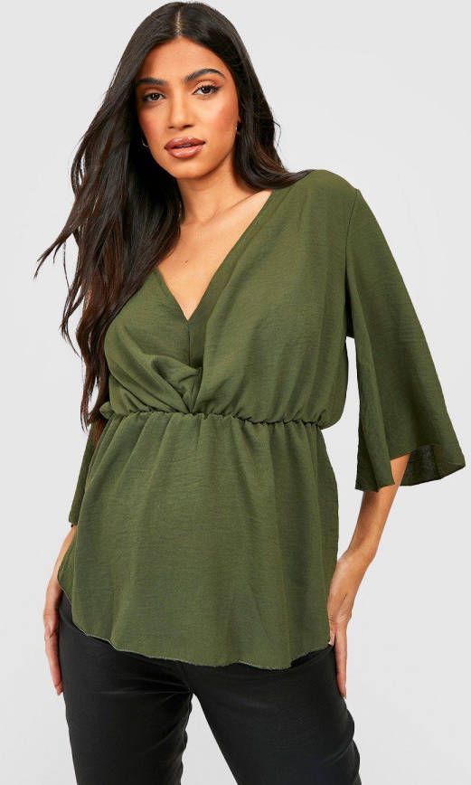 boohoo Zwangerschap Peplum Blouse Met Engelenmouwen, Khaki