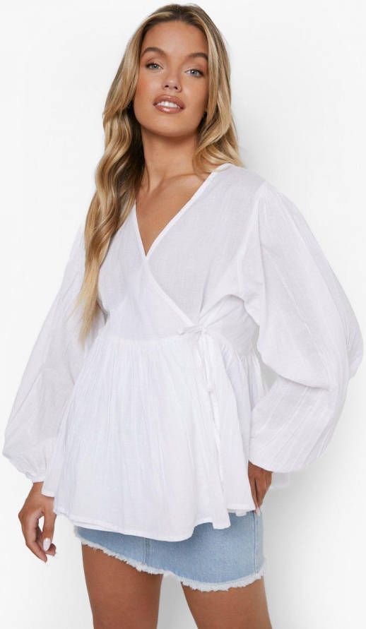 boohoo Zwangerschap Peplum Wikkel Blouse Met Volle Mouwen, White