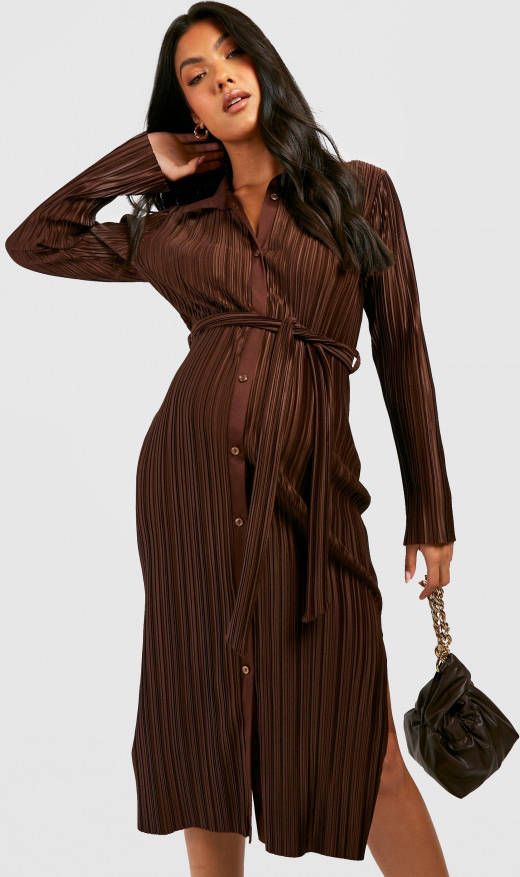 boohoo Zwangerschap Plisse Midi Blouse Jurk Met Ceintuur, Chocolate