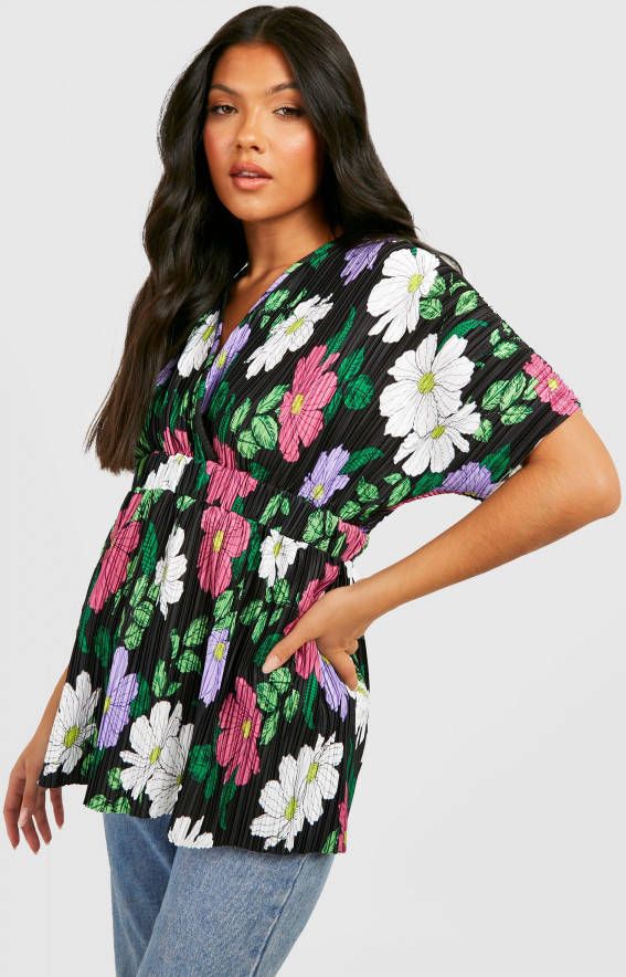 boohoo Zwangerschap Plisse Peplum Bloemen Wikkeltop, Black