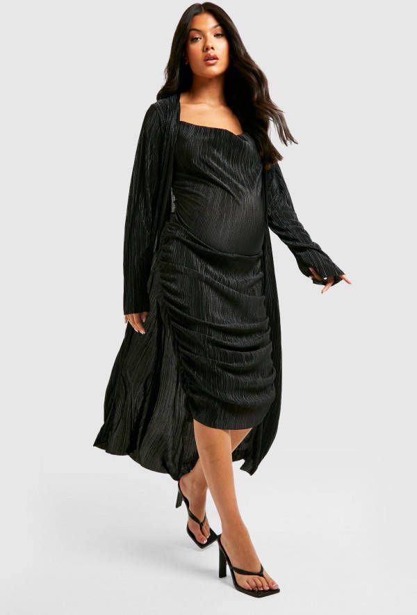 boohoo Zwangerschap Plisse Set Met Long Line Duster Jas, Black