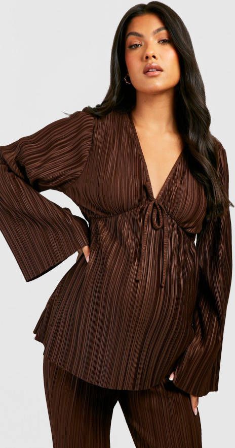 boohoo Zwangerschap Plisse Top Met Strik, Chocolate