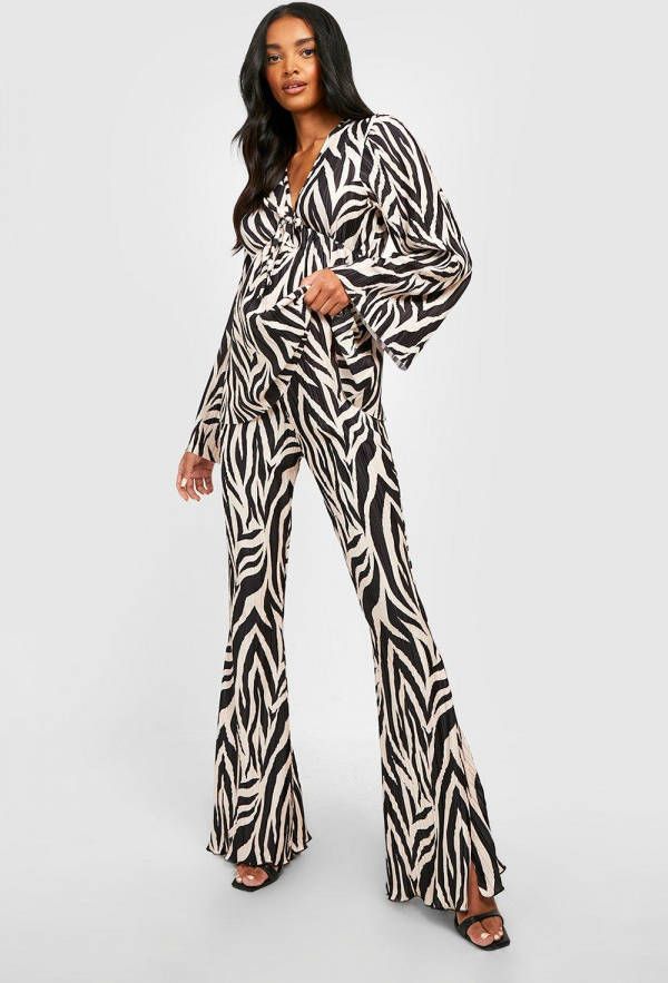 boohoo Zwangerschap Plisse Zebraprint Flared Broek Met Split, Black