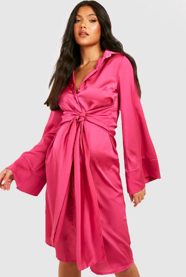 boohoo Zwangerschap Satijnen Midi Blouse Jurk Met Ceintuur, Hot Pink