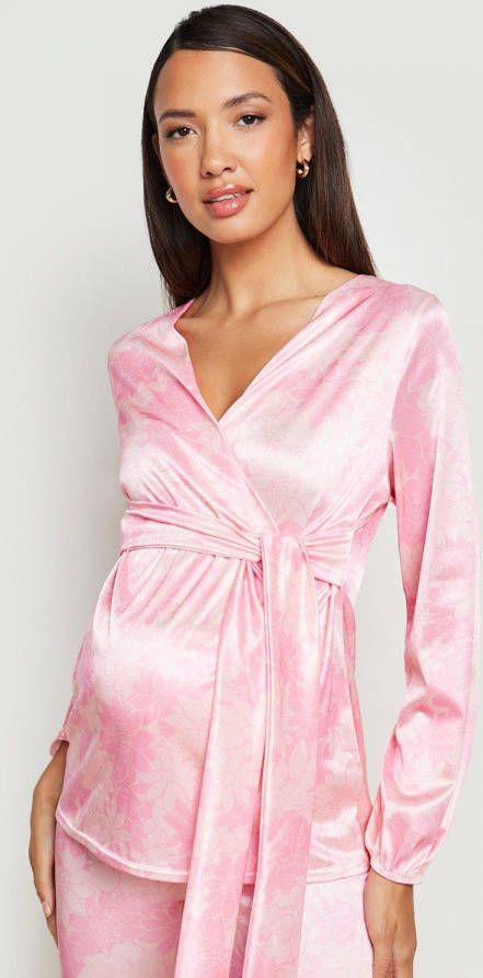 boohoo Zwangerschap Satijnen Stretch Bloemen Wikkeltop, Pink