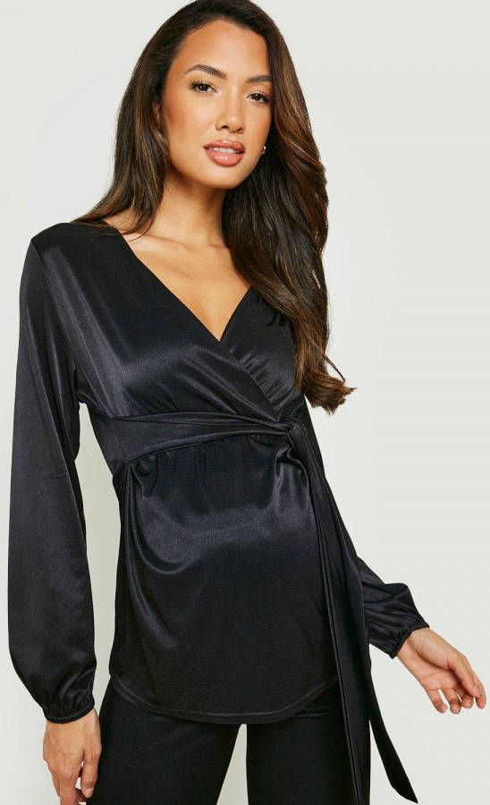 boohoo Zwangerschap Satijnen Stretch Wikkeltop, Black