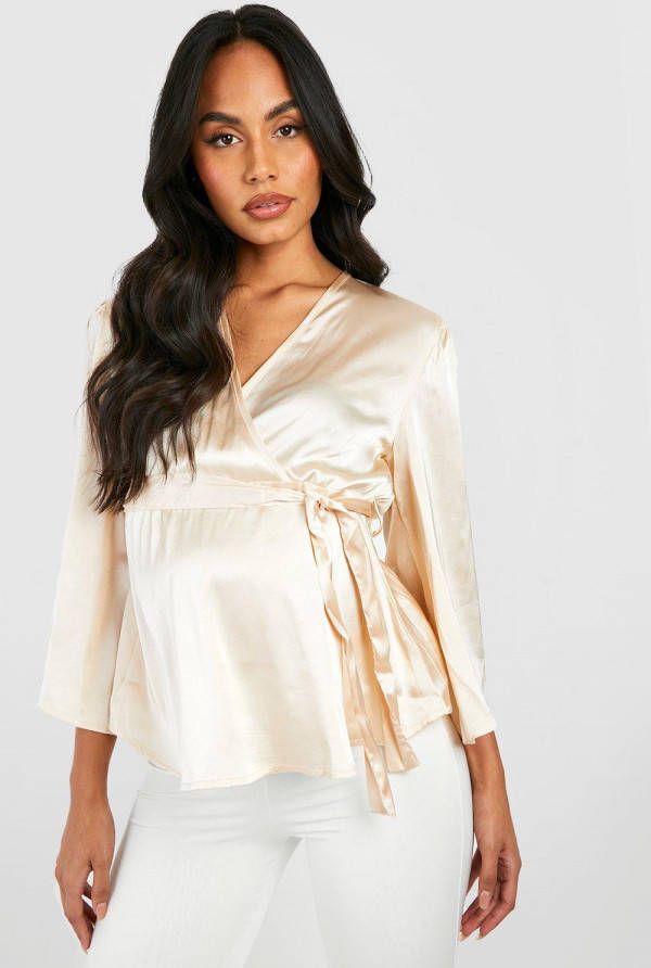 boohoo Zwangerschap Satijnen Wikkel Blouse Met Engelenmouwen, Champagne