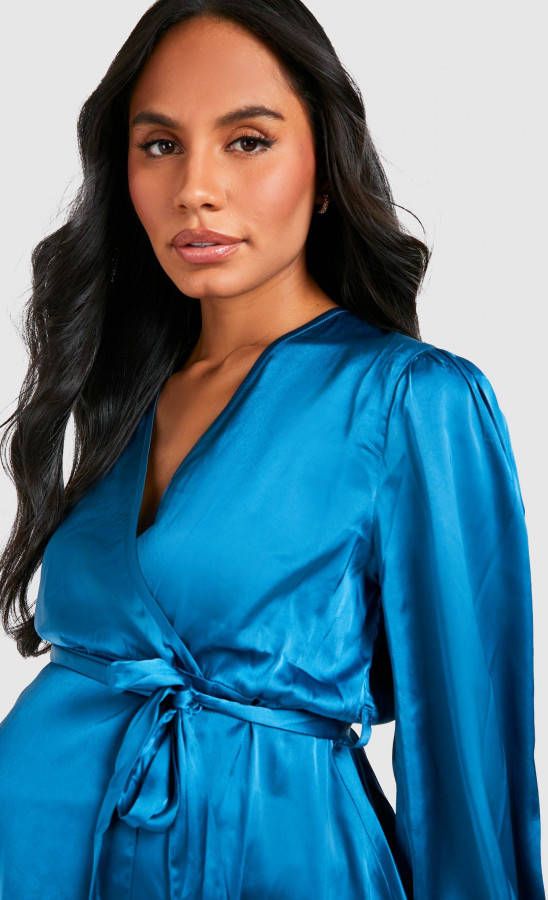 boohoo Zwangerschap Satijnen Wikkel Blouse Met Engelenmouwen, Teal