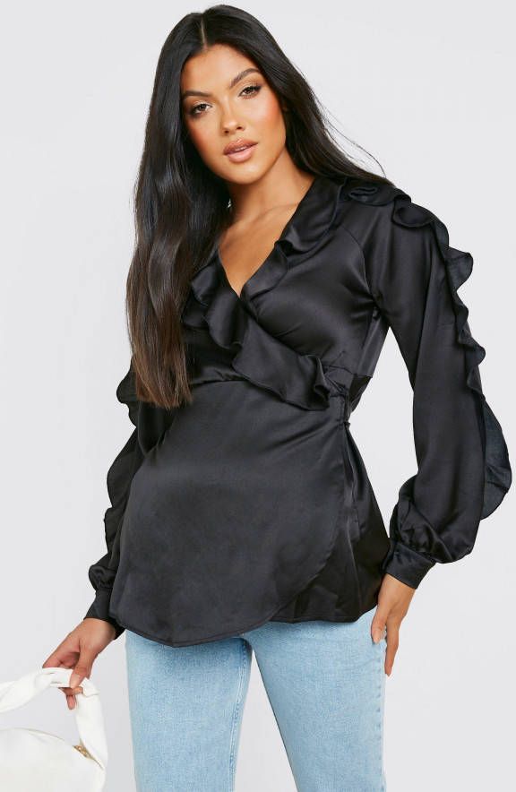 boohoo Zwangerschap Satijnen Wikkeltop Met Ruches, Black