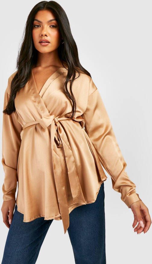 boohoo Zwangerschap Satijnen Wikkeltop, Nude