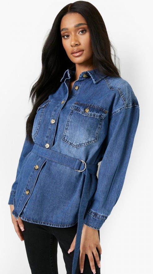 boohoo Zwangerschap Spijkerblouse Met Ceintuur En Nephoornen Knopen, Mid Blue