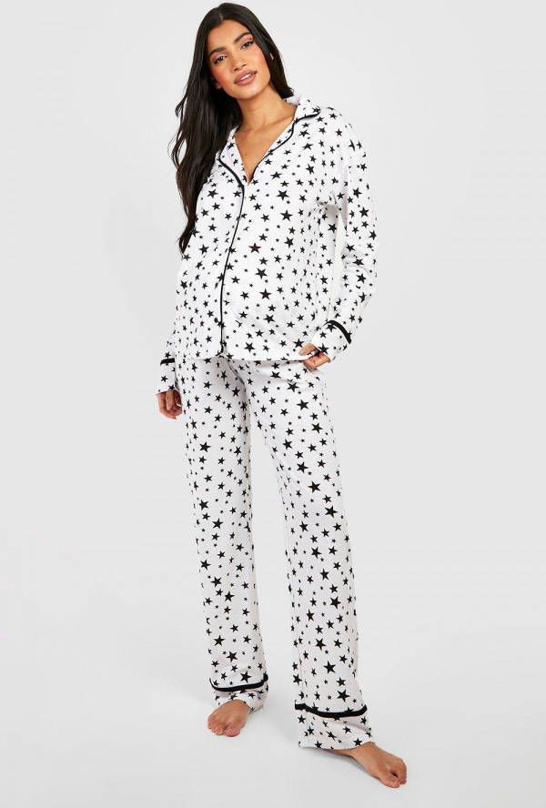 boohoo Zwangerschap Sterren Print Pyjama Set Met Biezen, White