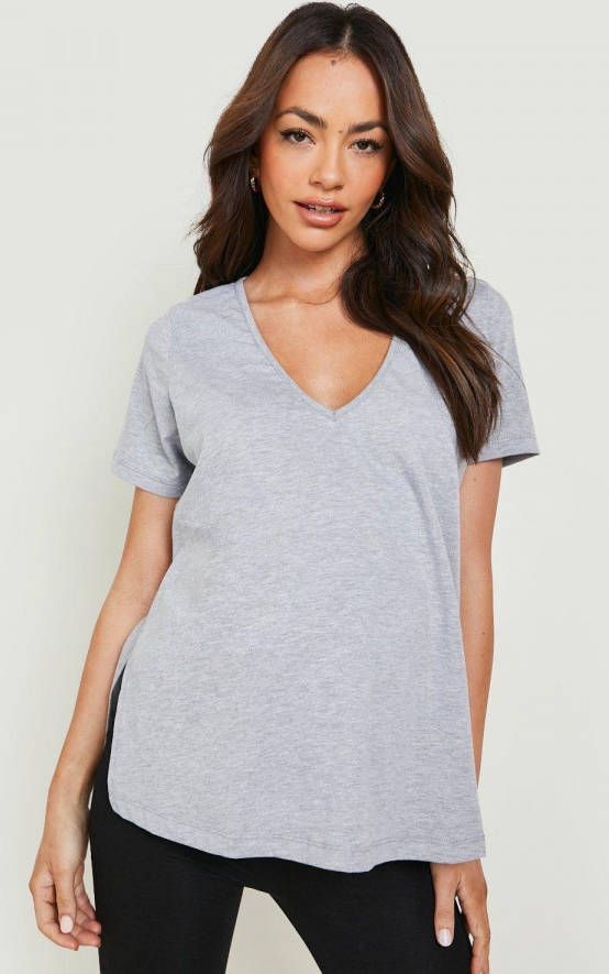 boohoo Zwangerschap T Shirt Met V Hals En Zijsplit, Grey Marl