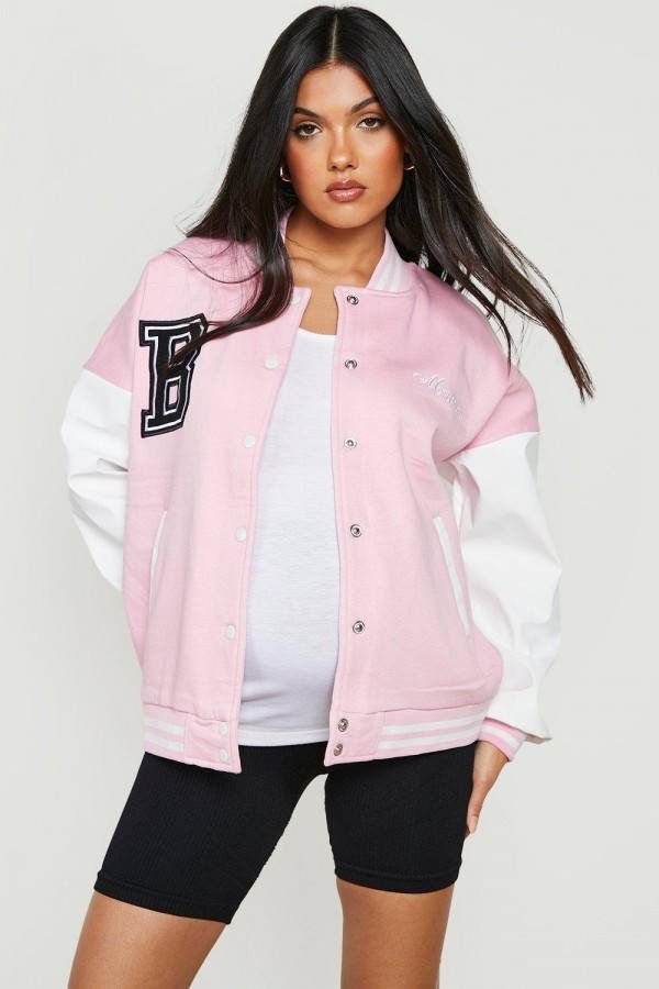 boohoo Zwangerschap Varsity Mama Bomberjack, Pink