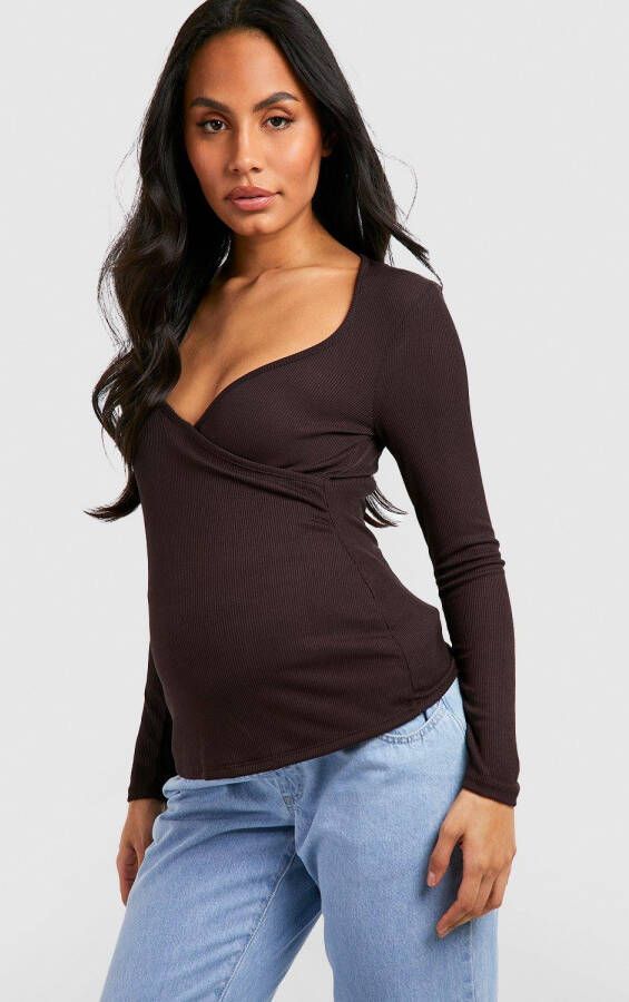 boohoo Zwangerschap Voedings Wikkel T Shirt Met Lange Mouwen, Chocolate