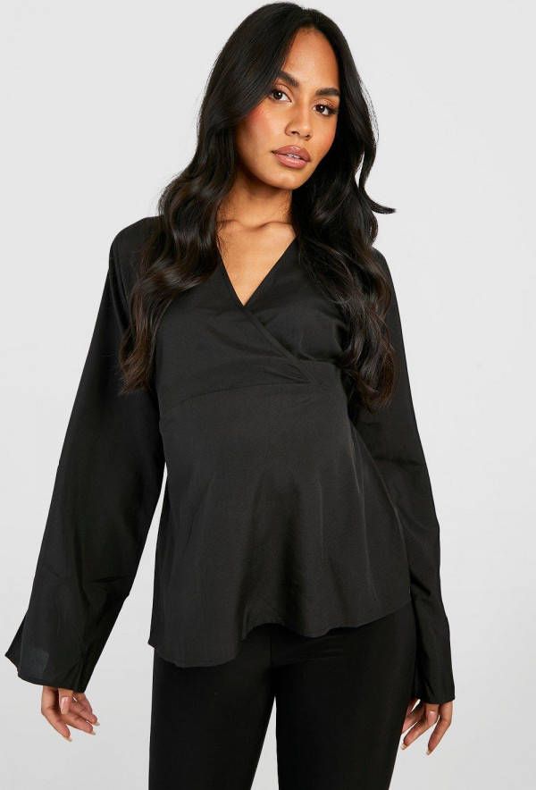 boohoo Zwangerschap Wikkel Blouse Met Kimono Mouwen, Black