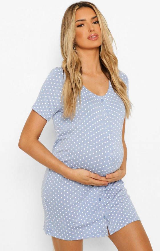 boohoo Zwangerschaps Nachtjapon Met Stippen En Knopen, Light Blue