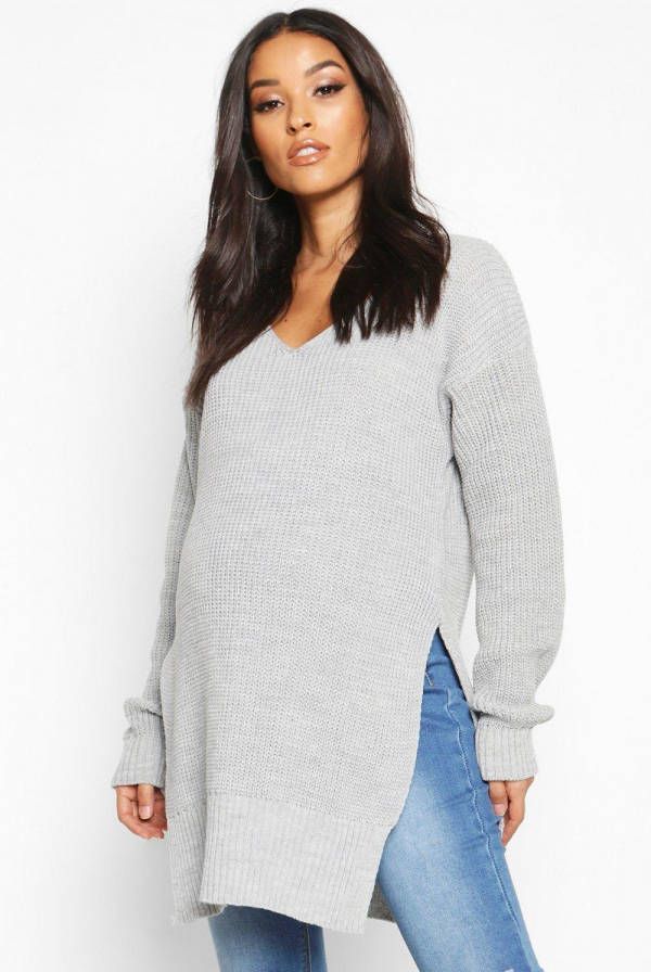 boohoo Zwangerschaps Trui Met V Hals En Zijsplit, Light Grey