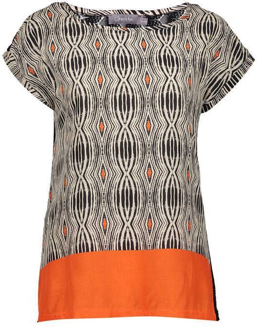 Geisha fijngebreide top met all over print ecru/zwart/oranje